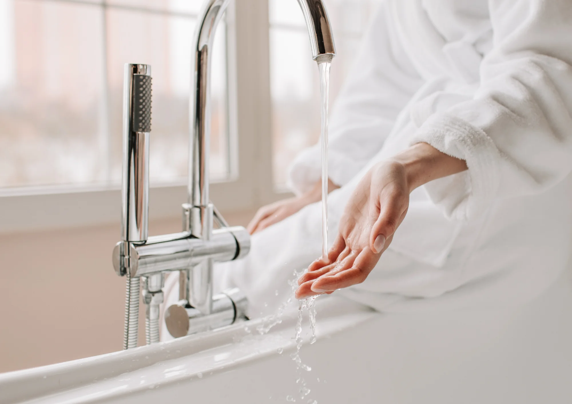 Person in white bathrobe washing hands — checking for no hot water issue in Rockwall home plumbing